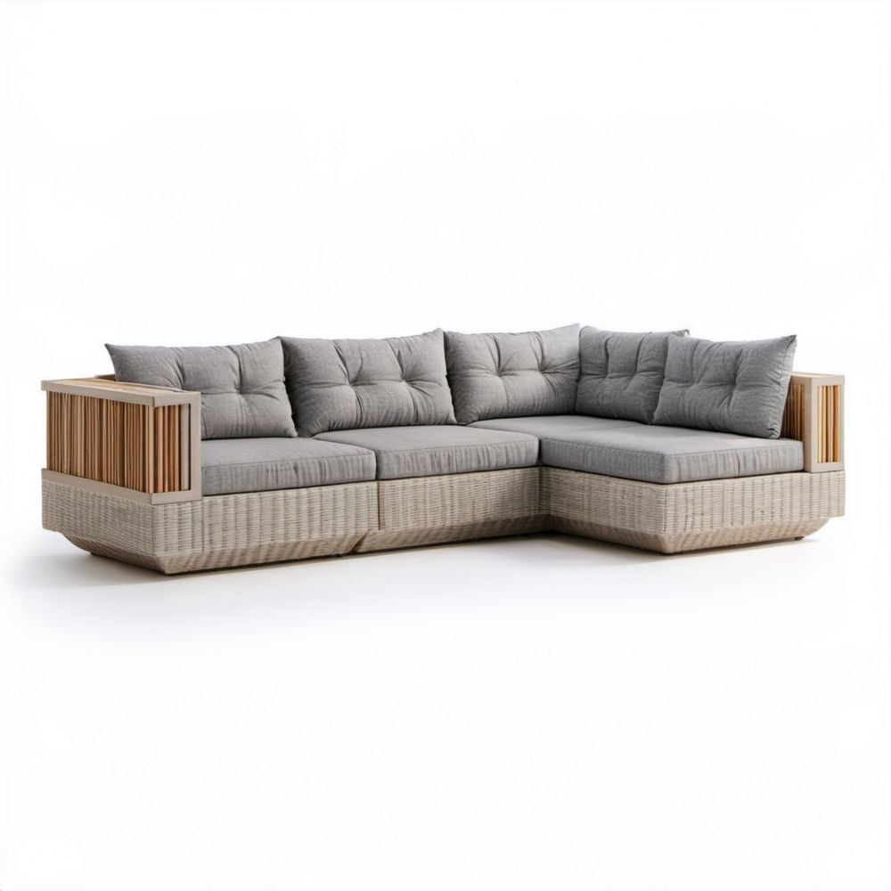 Ogrodowa narożna sofa z technorattanu z aluminiową ramą i drewnianymi bokami, szaro-beżowo-brązowa, 250 x 190 x 78 cm