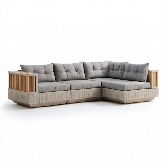 Ogrodowa narożna sofa z technorattanu z aluminiową ramą i drewnianymi bokami, szaro-beżowo-brązowa, 250 x 190 x 78 cm