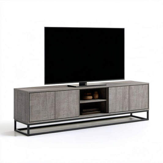 Szara szafka RTV z płyty MDF laminowanej na stalowym stelażu 180 × 40 × 60 cm