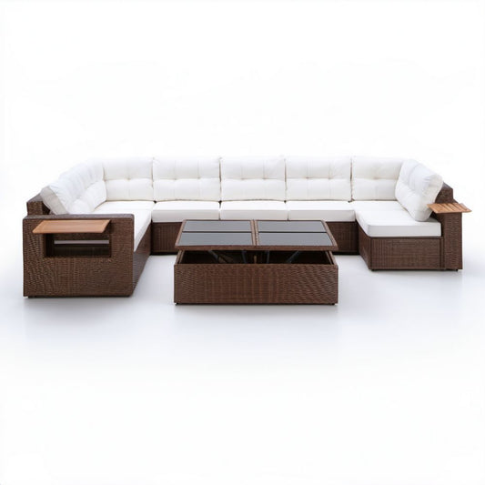 6-osobowy modułowy zestaw sof ogrodowych z technorattanu ze stolikiem 300 x 220 x 70 cm brązowo-biało-ciemnoszary
