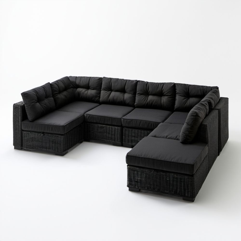 Modułowa ogrodowa sofa narożna w kształcie U z technorattanu, czarna, 280 x 210 x 85 cm
