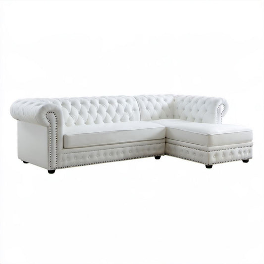 Biała sofa narożna Chesterfield ze skóry syntetycznej, szezlong po prawej stronie, 260 x 170 x 78 cm