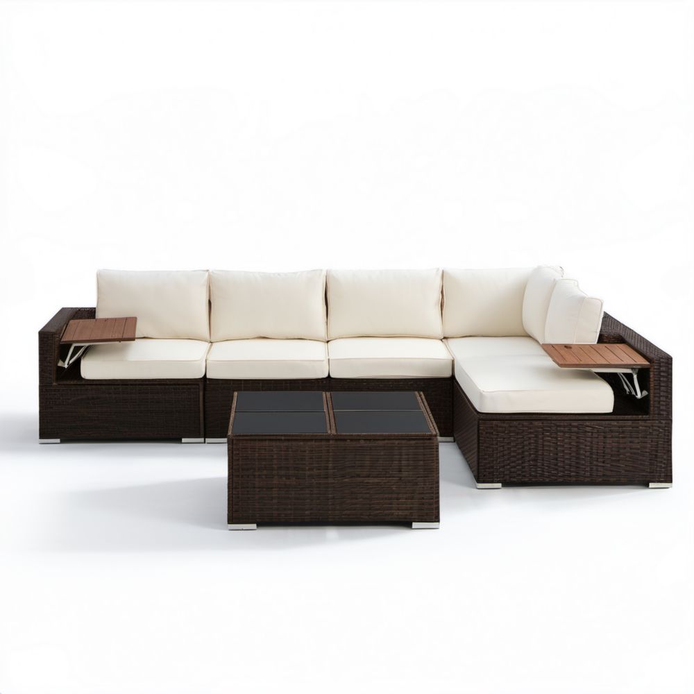 Ogrodowy zestaw mebli z technorattanu – sofa narożna ze stolikiem, brązowo-kremowy, 280 × 200 × 65 cm