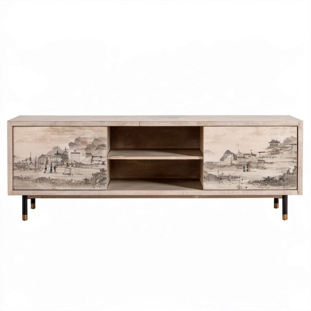 Beżowa szafka RTV z płyty MDF 180 x 40 x 60 cm, 2 drzwi przesuwne