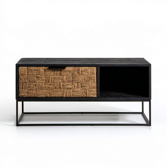 Stolik kawowy z szafką czarny MDF stalowy 120 x 40 x 55 cm