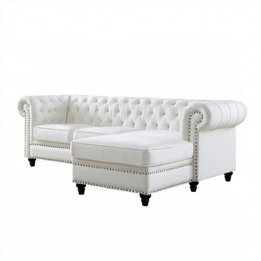Biała pikowana sofa narożna z szezlongiem, tapicerka PU, 285 × 165 × 75 cm